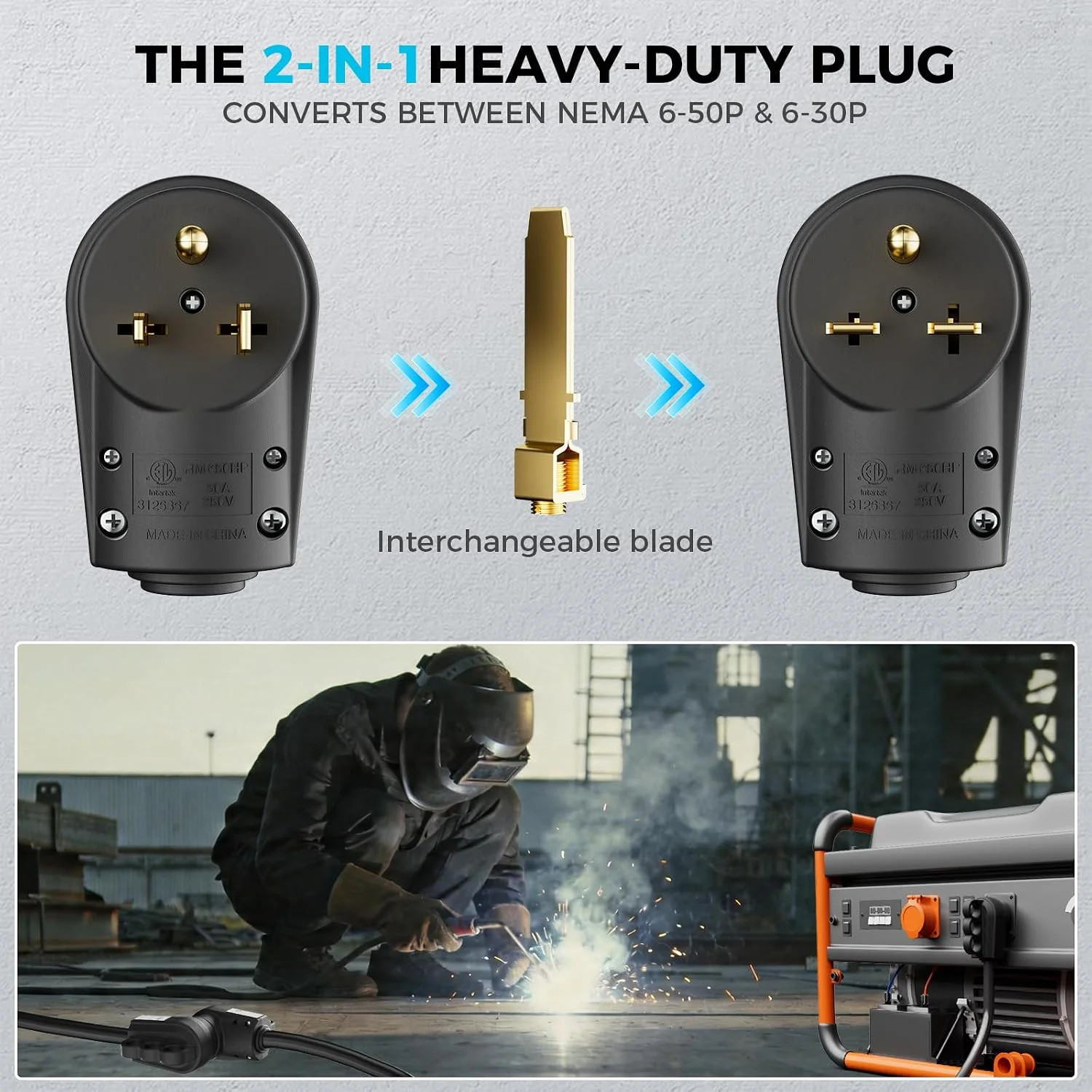 1 Pack 2-in-1 NEMA 6-50P/6-30P Welder Plug, 30A/50A 250V 3-Prong Male Replacemen