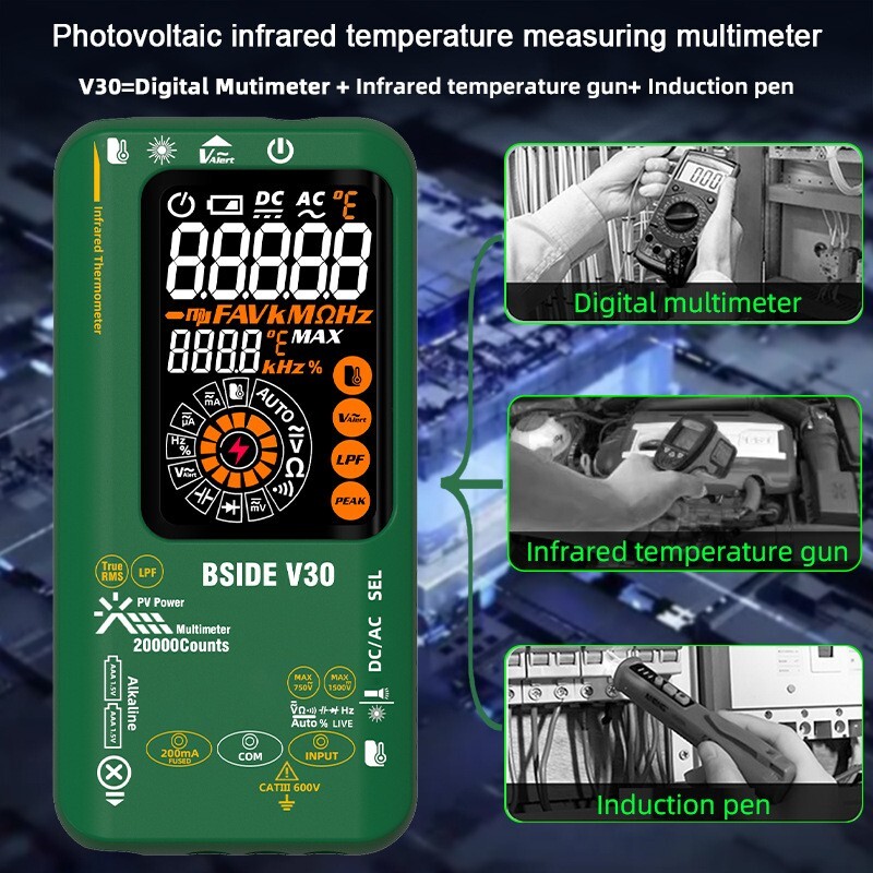 Photovoltaic Multimeter mV/uA IR Thermometer Test Pen TRMS Li-Battery Color LCD