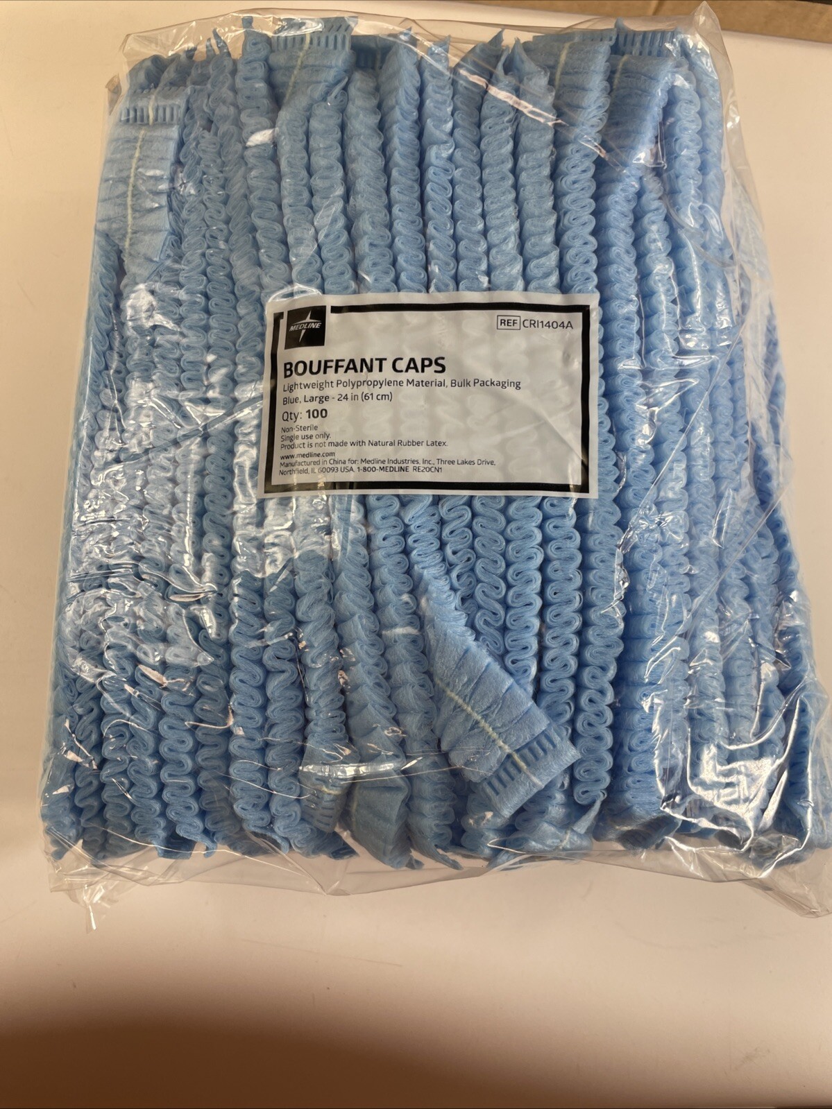 1000 Case – Medline 24″ Blue Bouffant Cap Non Woven Disposable Hairnet Size L