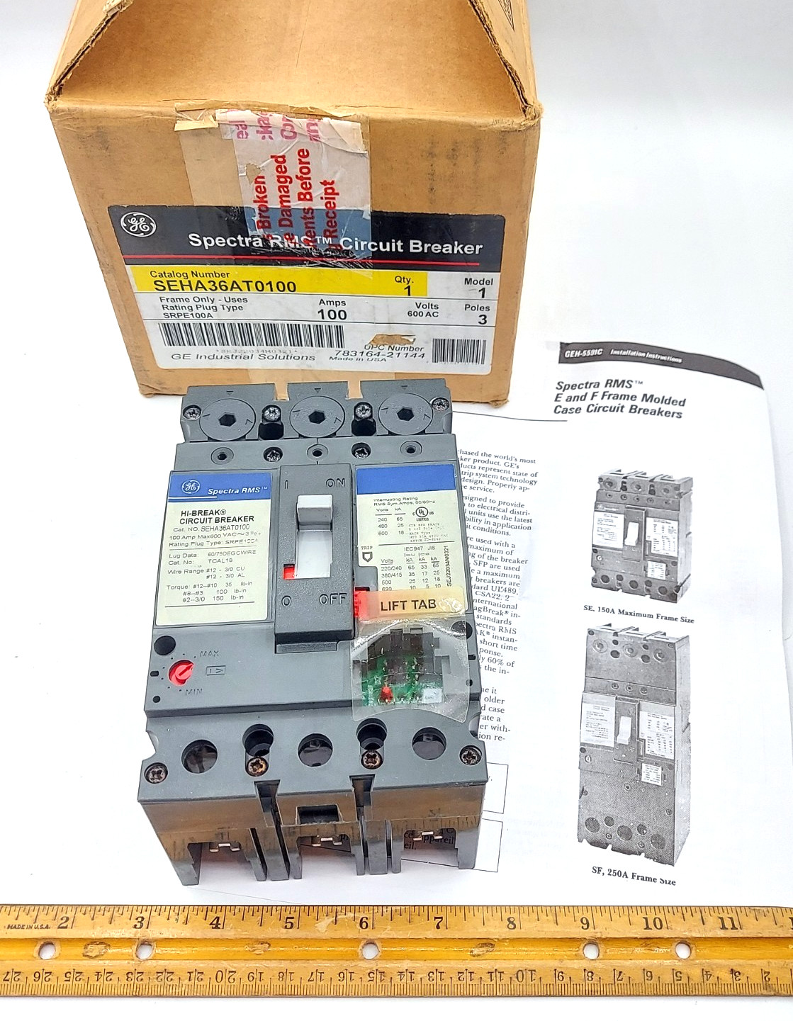GE – SEHA36AT0100 – Spectra Rms Molded Case Circuit Breaker, 100A, 600V **NEW**