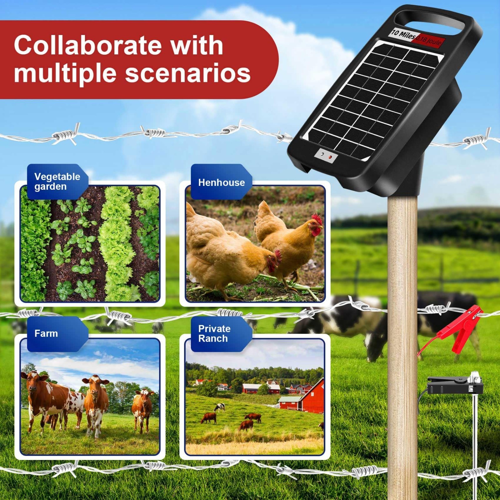 Solar Powered Electric Fence Charger 10 Miles – 0.18J, Portable Energizer for Li
