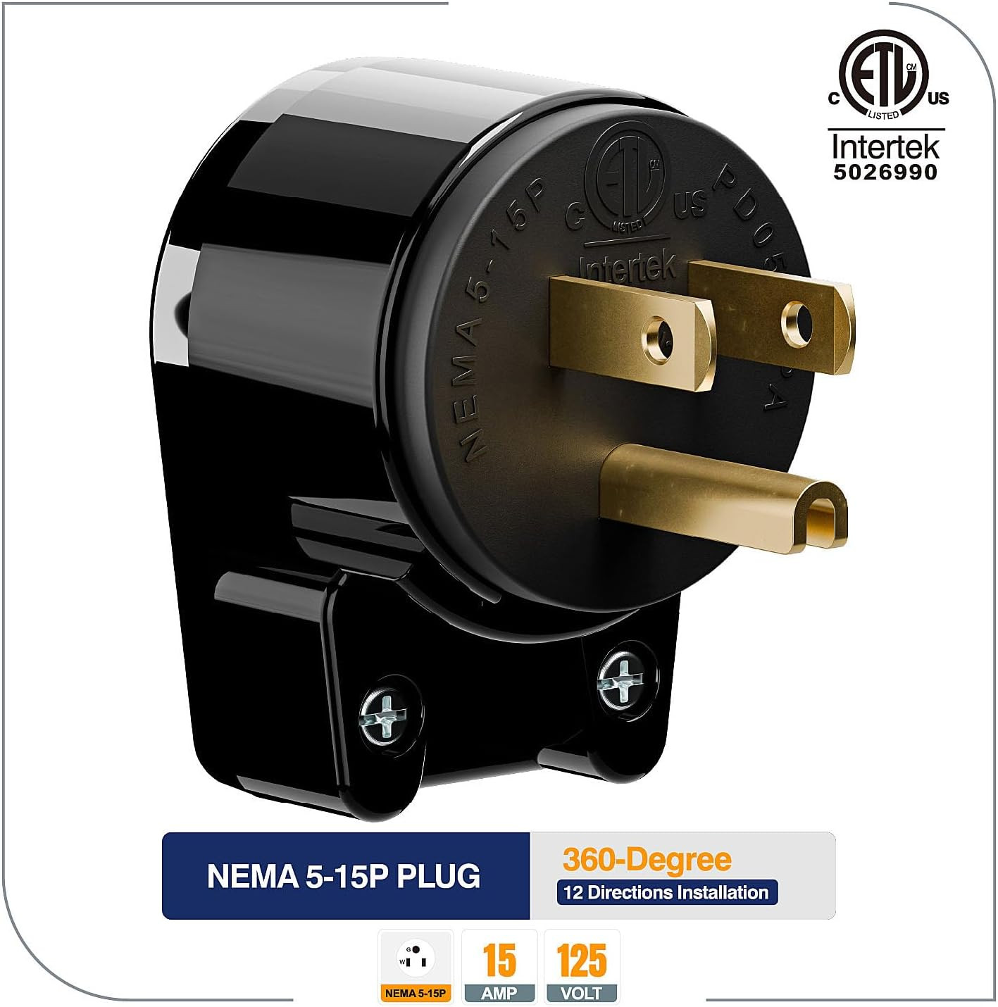 (5PACK) ETL Listed 90 Degree USA Canada Male Plug Nema 5-15P 3 Pole Angle DIY Pl