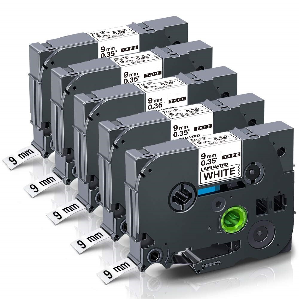 5-Pk/Pack TZe-221 TZ221 Black/White Label Tape 9mm Compatible Brother P-Touch