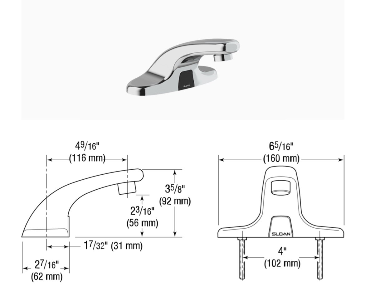 Sloan EBF-650 Optima Plus Touchless Faucet Battery Operated Chrome 3315025BT