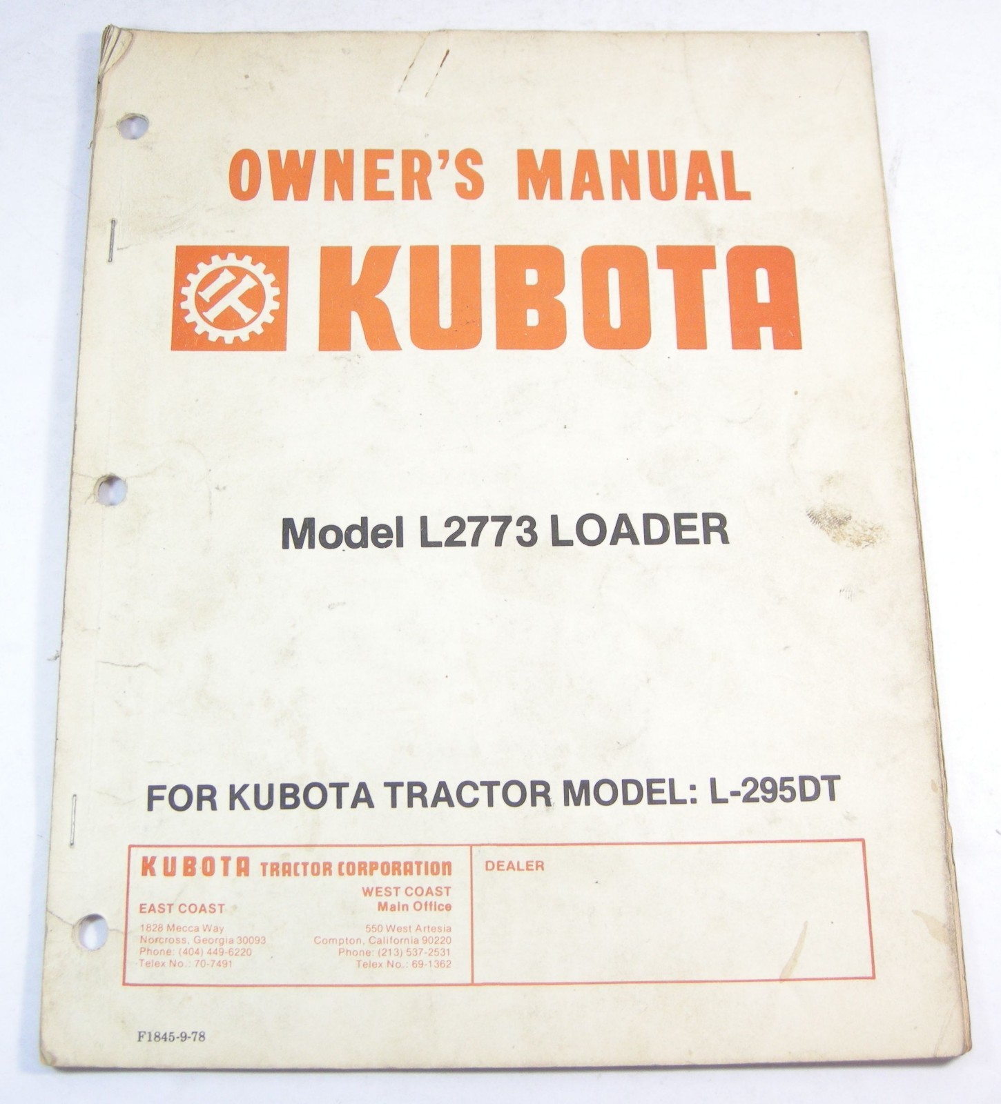 Original Kubota L2773 Loader Tractor L-295DT Owner Operators Maintenance Manual