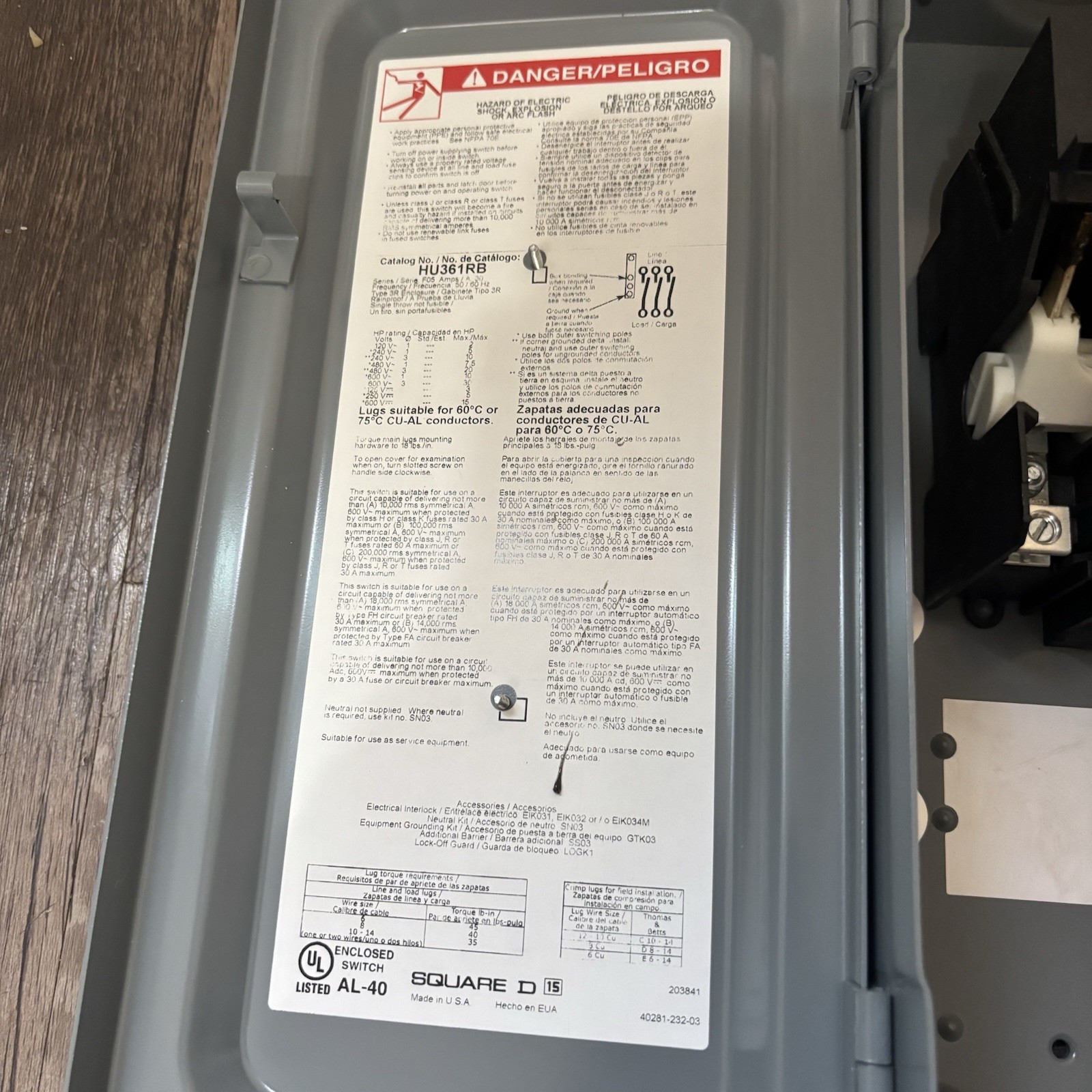 Square D HU361RB New Box Heavy Duty Disconnect Switch 30 Amp 600v 3 PhaseNema 3R