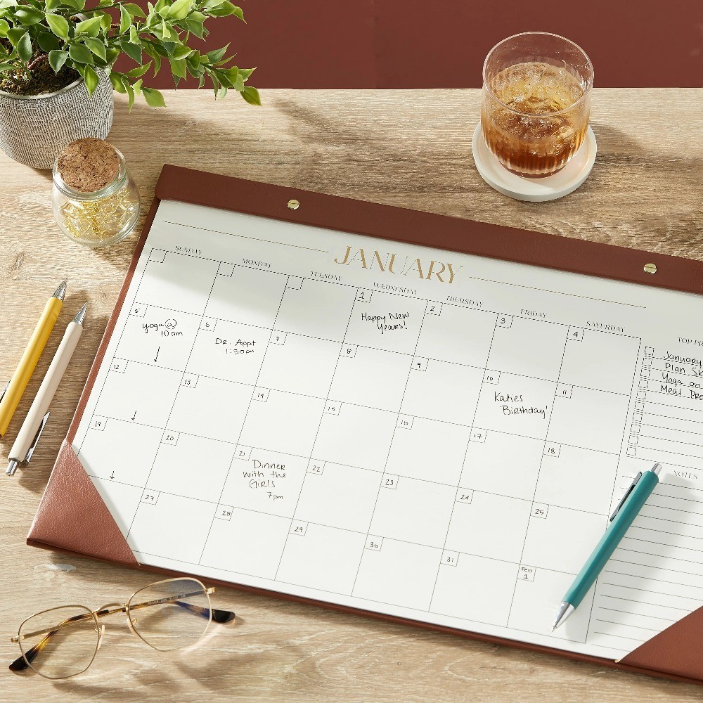 Simulated Leather Desk Blotter Calendar 12 Months Cognac Brown Medium Size