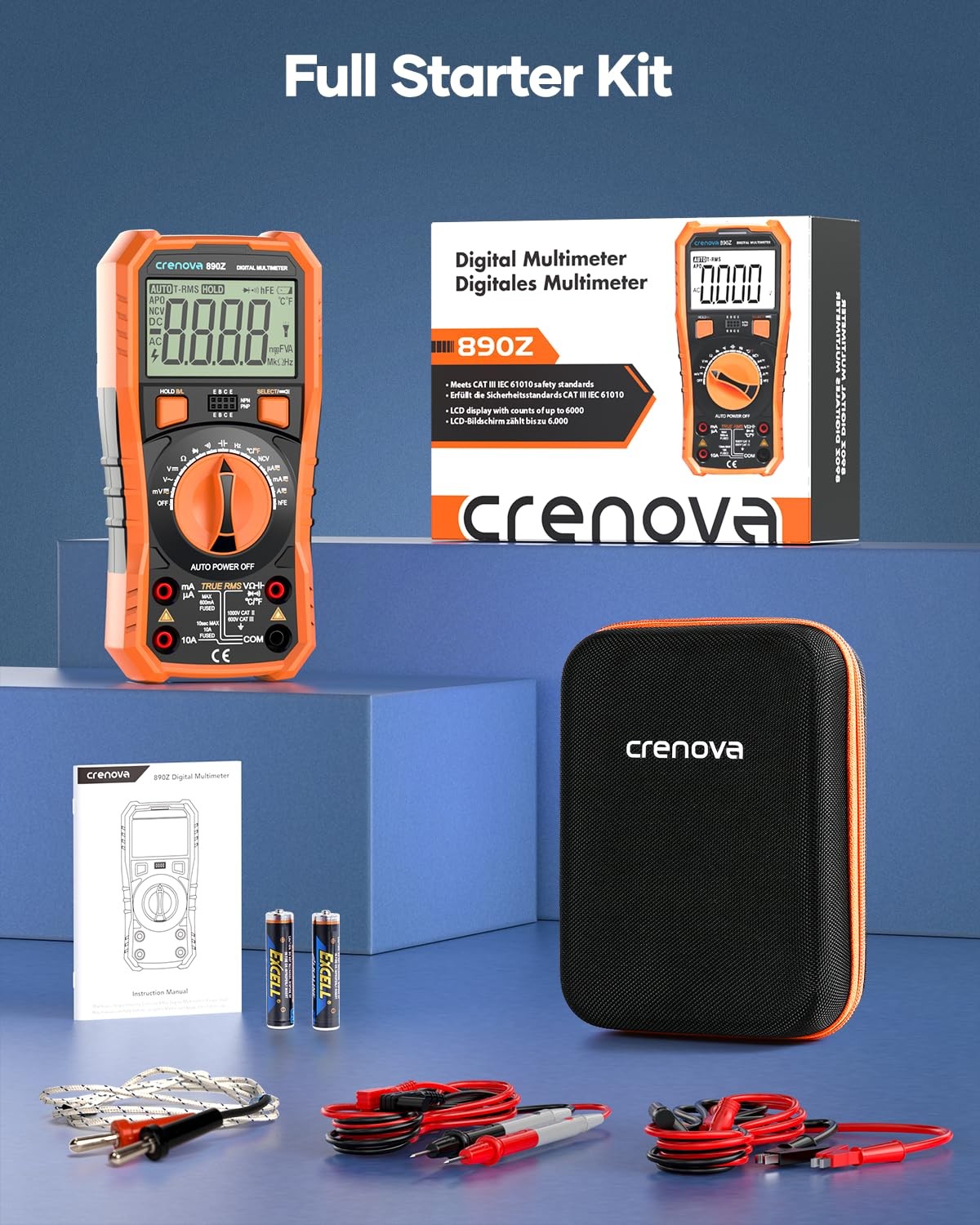 Digital Multimeter 6000 Count True RMS Auto Range NCV Temperature AC DC Tester