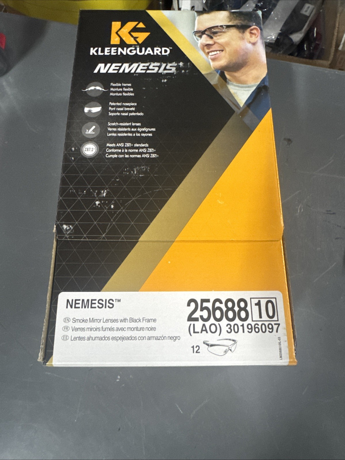 12 PAIR KLEENGUARD NEMESIS SAFETY GLASSES BLACK FRAME/SMOKE MIRROR LENS 25688