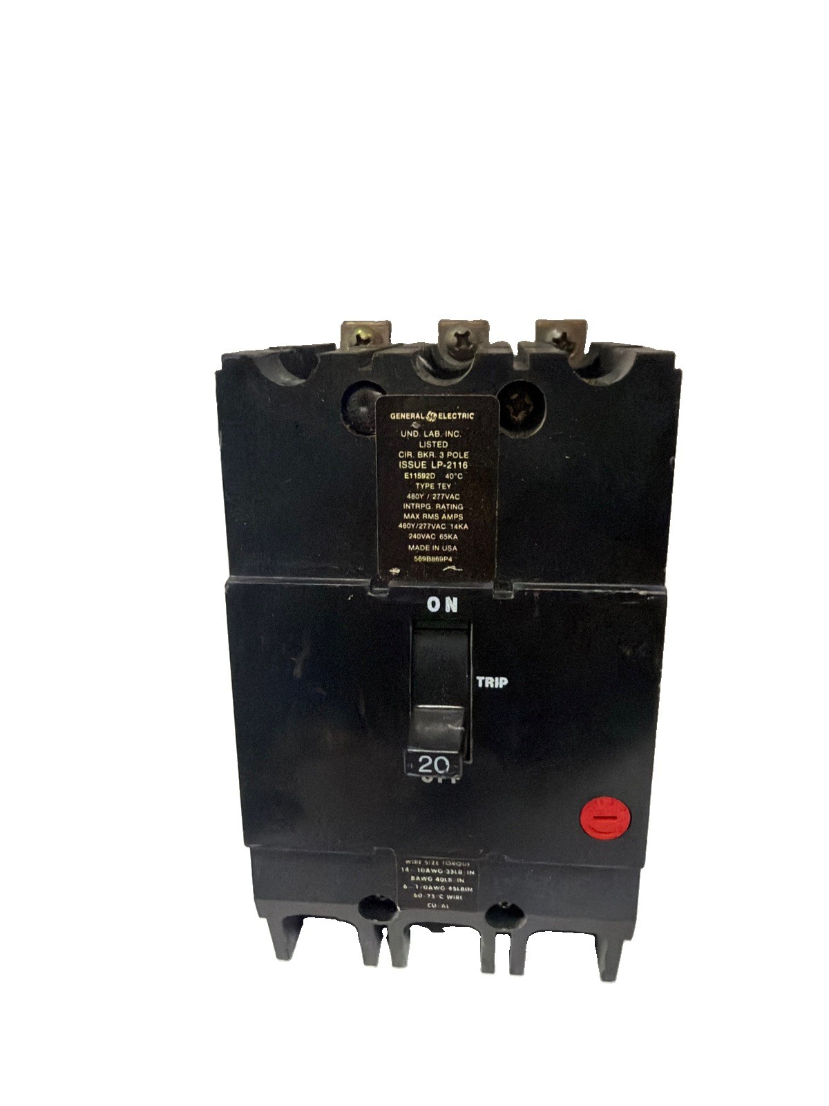 GE TEY320 Bolt-On Circuit Breaker 20A 3-Pole 480Y/277VAC