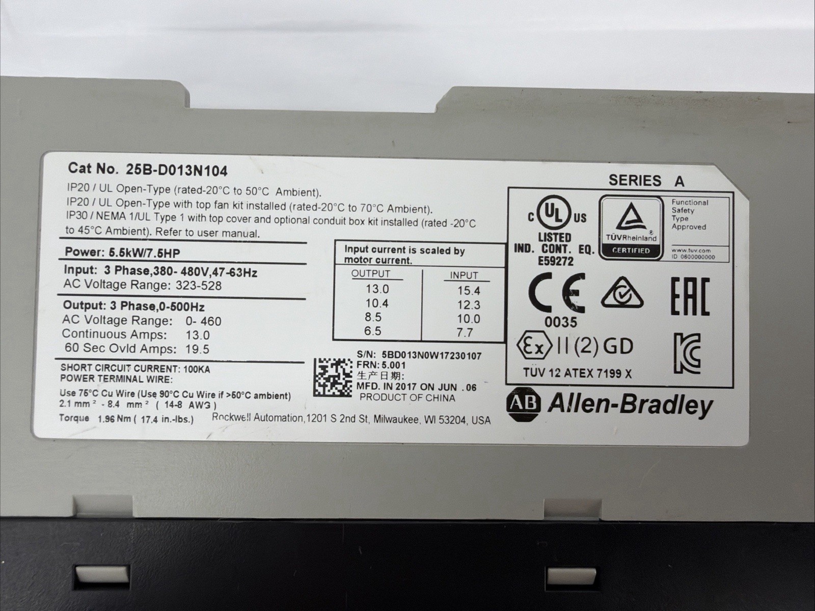 Allen Bradley 25B-D013N104 VFD, Series A, 7.5HP, 380-480V, 3Ø, 19.5A Max