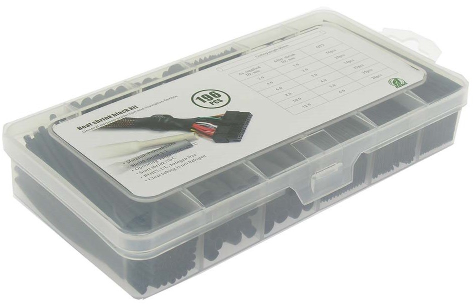 Heat Shrink Tubing Kit, 196-pcs 95mm/3.75″ Long, 6 Diameters, 2:1 Ratio, Black