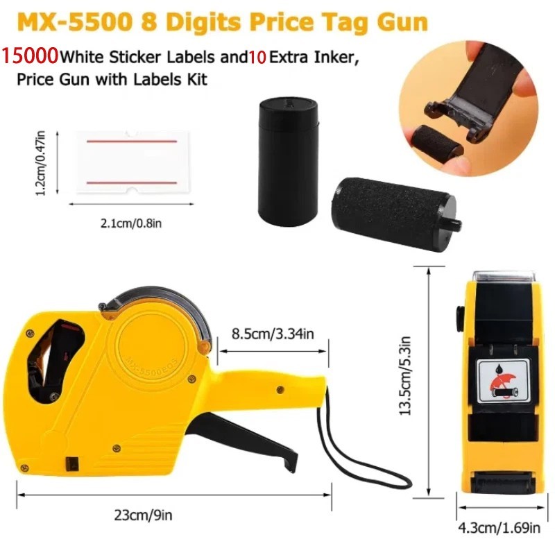 8 Digits Price tag Gun with 15000 Sticker Labels and 10 Ink Refill Marker Yellow