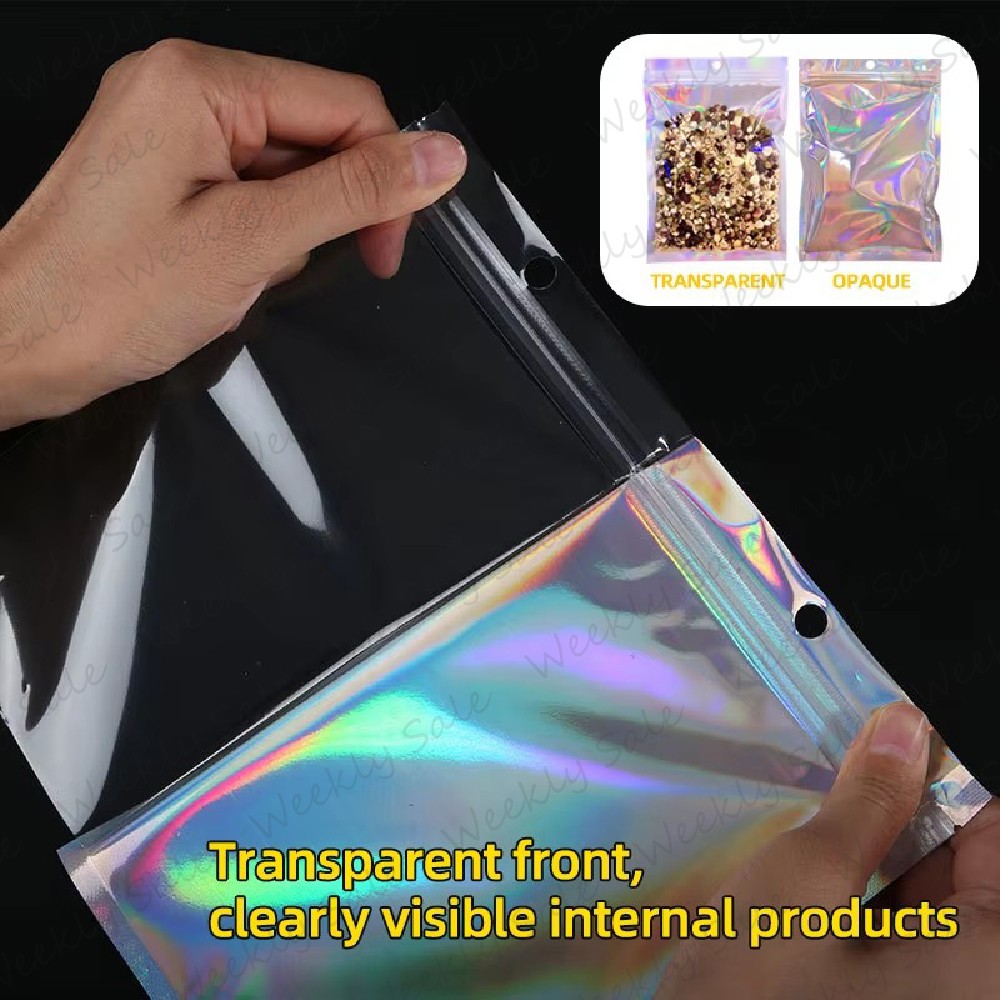 Holographic Mylar Foil Bags Smell Proof Resealable Zip Lock Pouch Rainbow Color