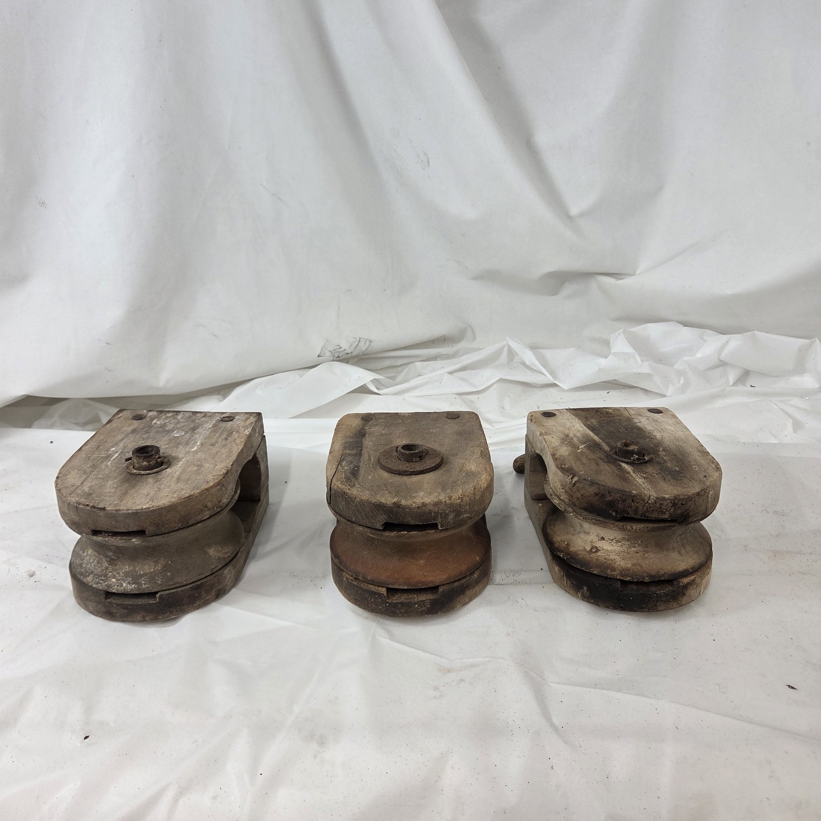 Lot 3 Vintage Wood Pulley Blocks Rustic Barn Farmhouse Industrial Decor Art