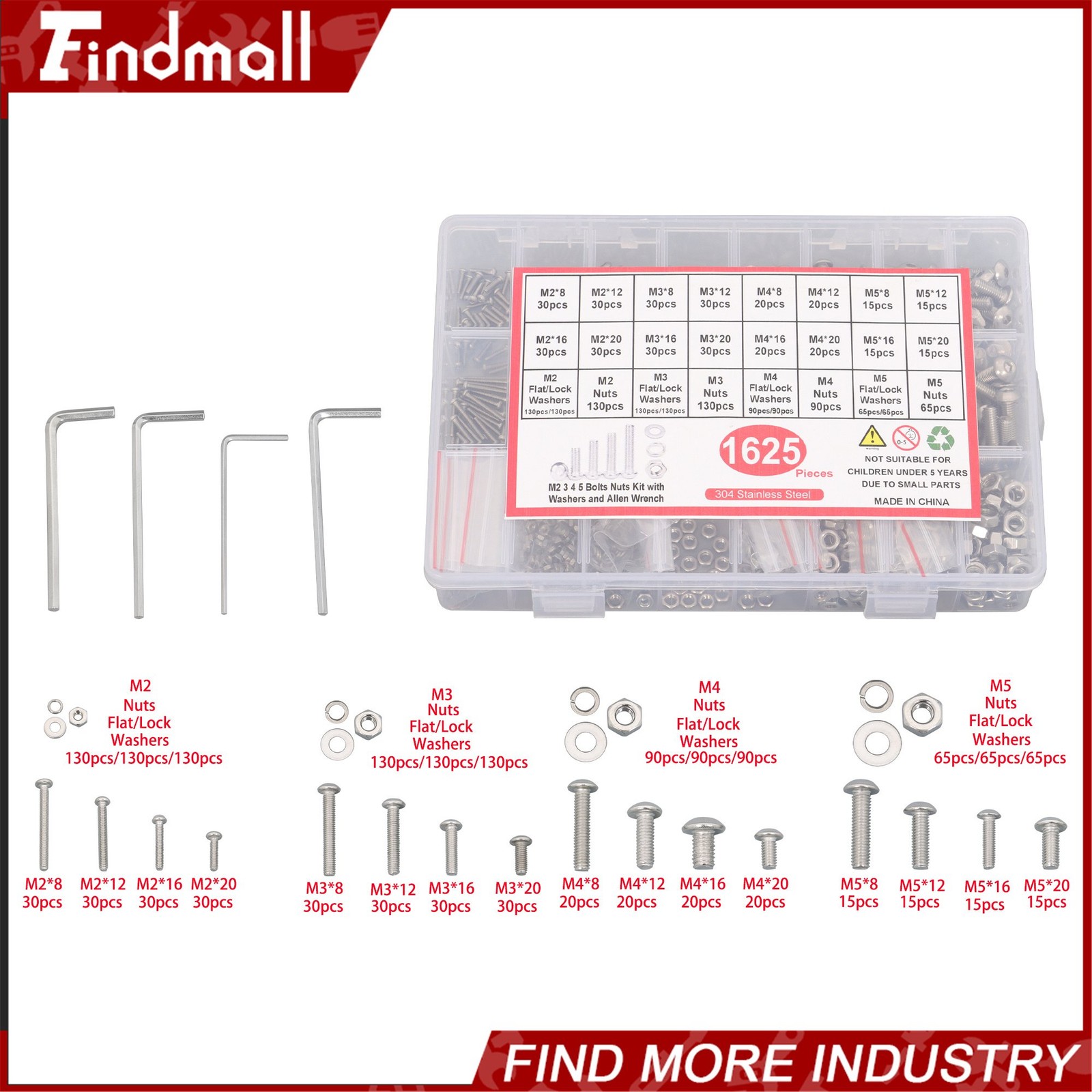 1625Pcs M2 M3 M4 M5 Metric Screw Assortment,304 Stainless Steel Bolts and Nuts
