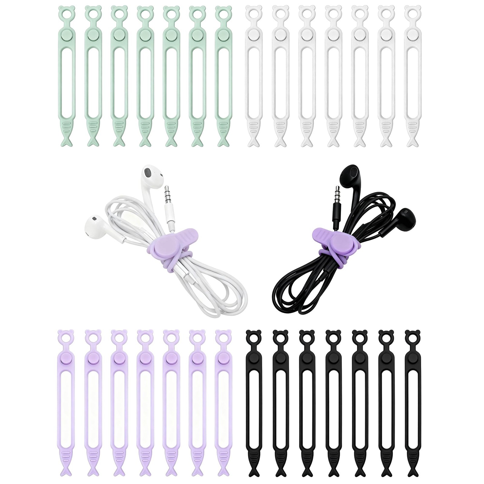 Ortarco 28 Pcs Silicone Cable Ties Reusable, Black+white+purple+gray