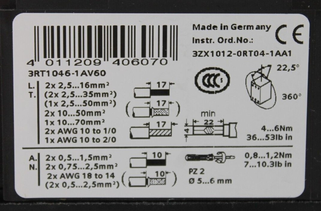 Siemens 3RT1046-1AV60 Contactor + 3RH1921-1EA11 Auxiliary