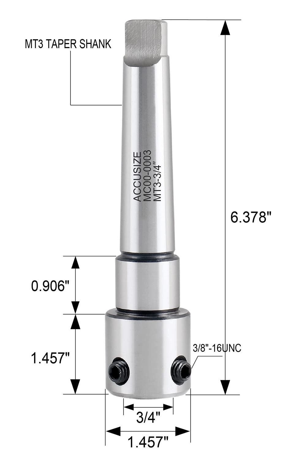 Accusize Industrial Tools Annular Cutter Arbor, MT3 To 3/4» Weldon Shank W/ Key