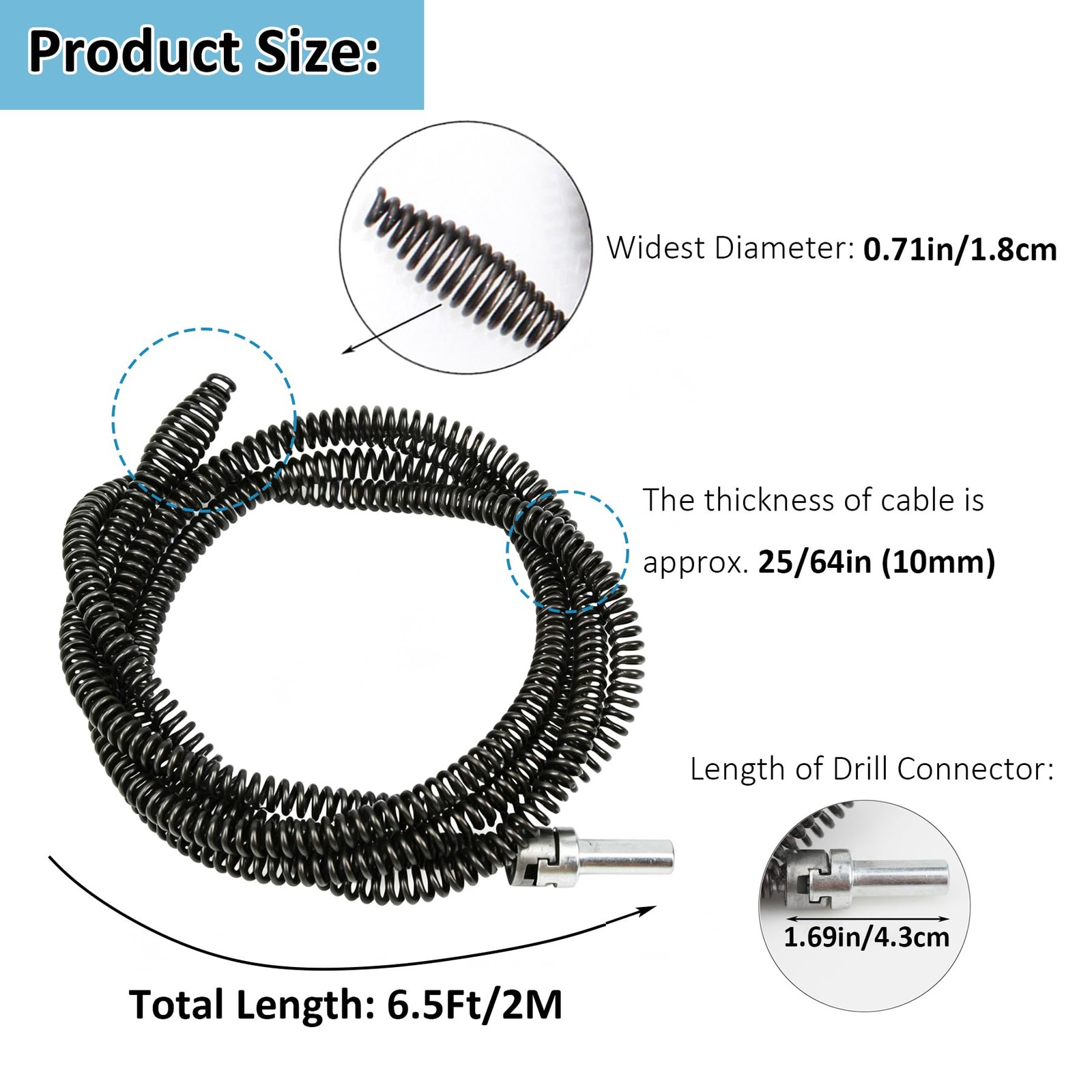Drain Auger Snake Cable with Drill Adapter 6.5 Ft Heavy Duty