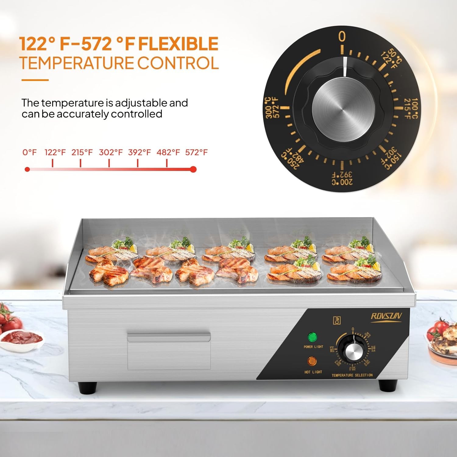 Commercial Electric Griddle, 22″ Countertop Flat Top Grill,122℉-572 ℉ Adjustable