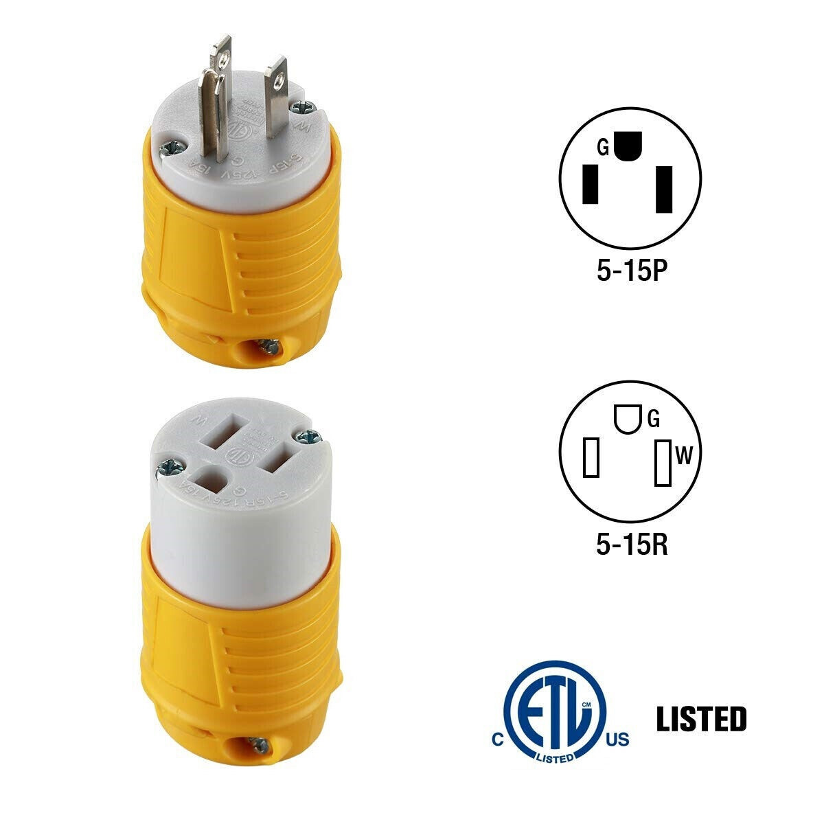 Male & Female Extension Cord End Plugs 15Amp 125V Electrical Connectors 3 Wires