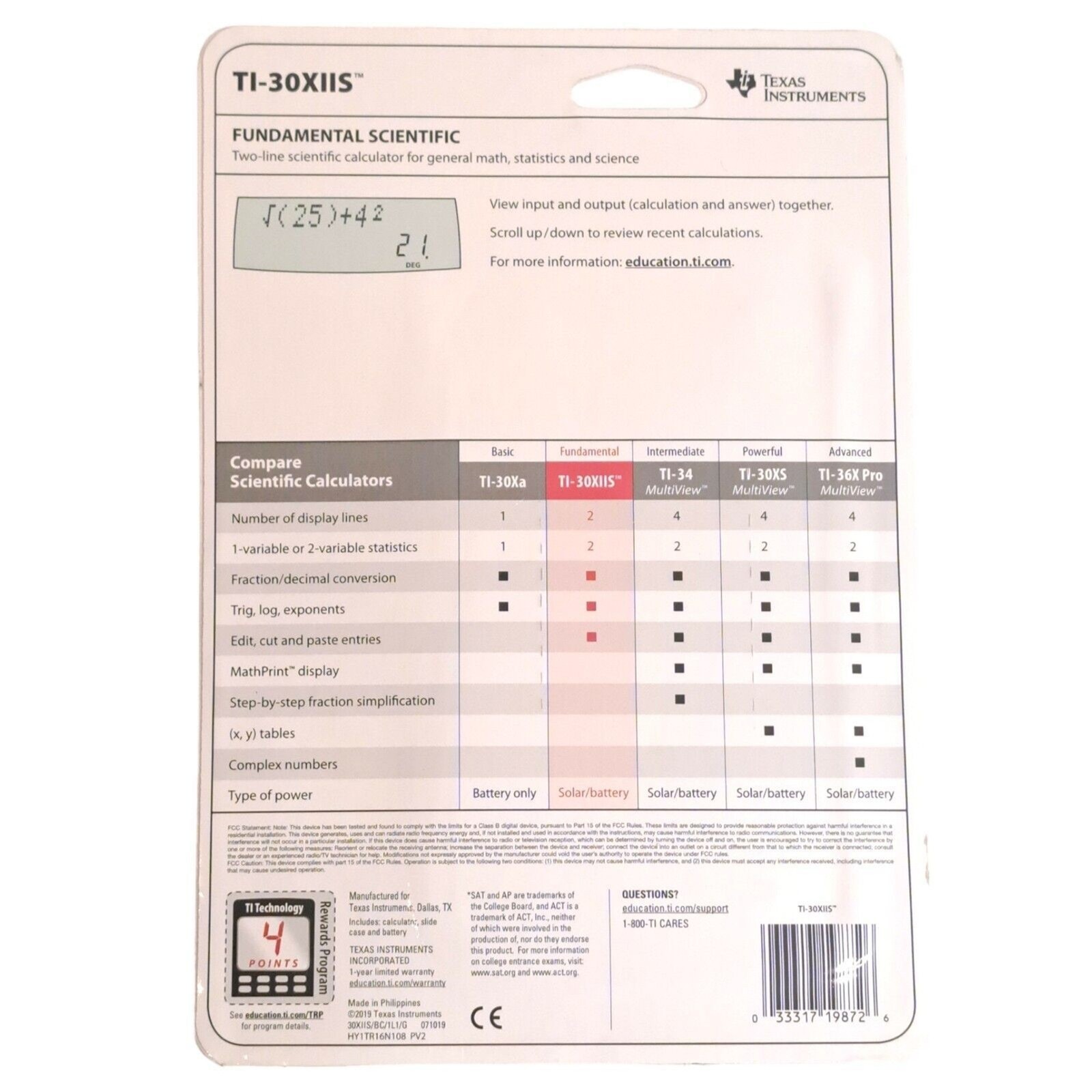 TI30XIIS Fundamental Scientific Calculator SAT ACT AP Solar+ Texas Instruments