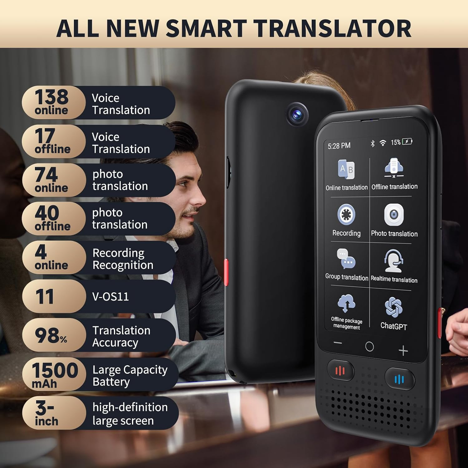 Language Translator Device, Upgraded Chatgpt AI Translator No Wifi Needed, 150+