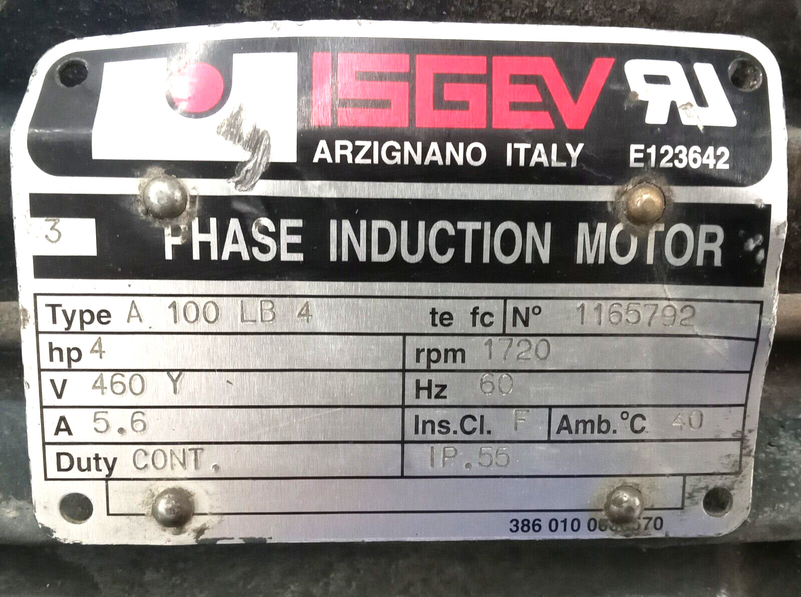 ISGEV 3 PHASE INDUCTION MOTOR A 100 LB 4 4HP 5.6AMP 1720RPM