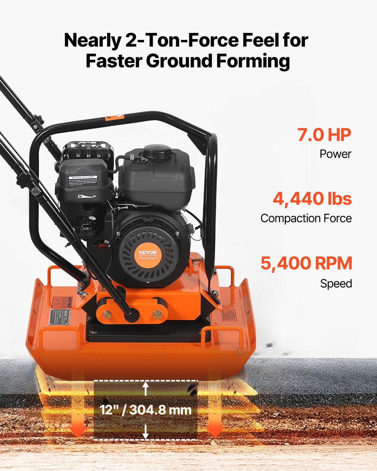 VEVOR 7HP Plate Compactor 5400VPM 4440lbs Vibrating Ground Rammer for Asphalt
