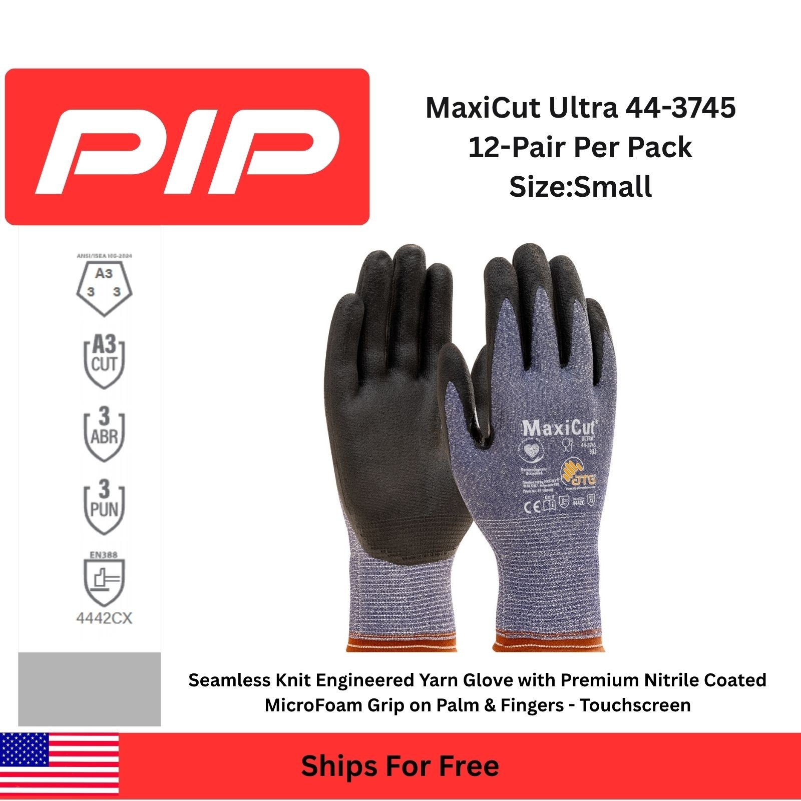 PIP Industrial Products 44-3745/S MaxiCut Ultra Work Gloves, Small – (12Pack)