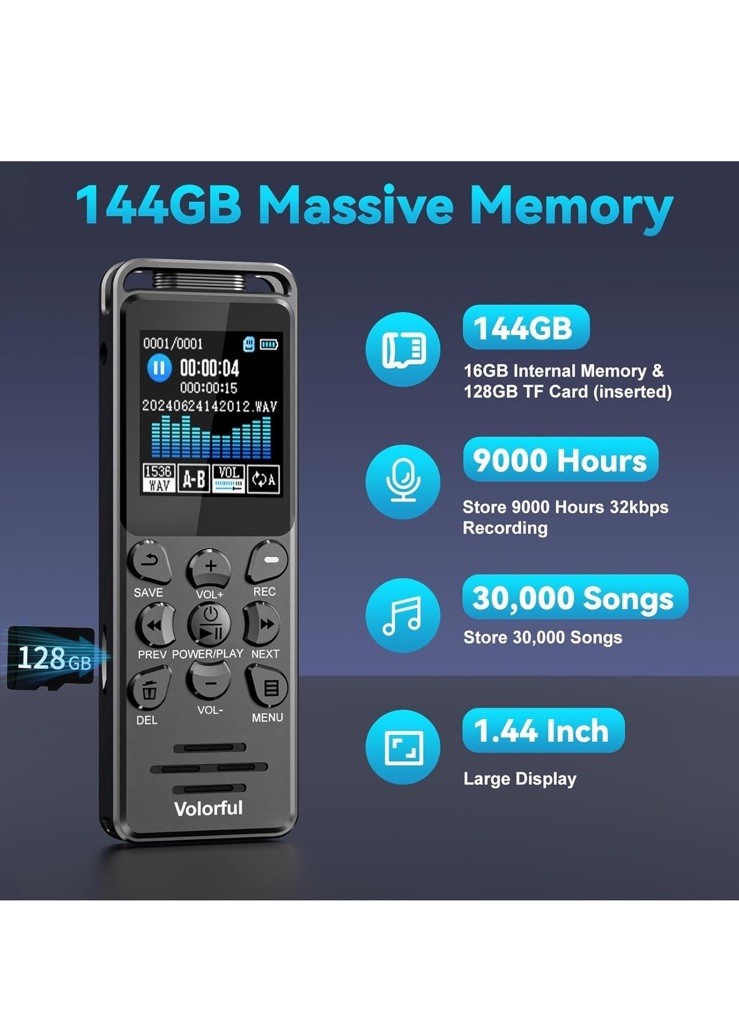144GB Digital Voice Recorder with Playback, Volorful 1536Kbps Audio Recorder …