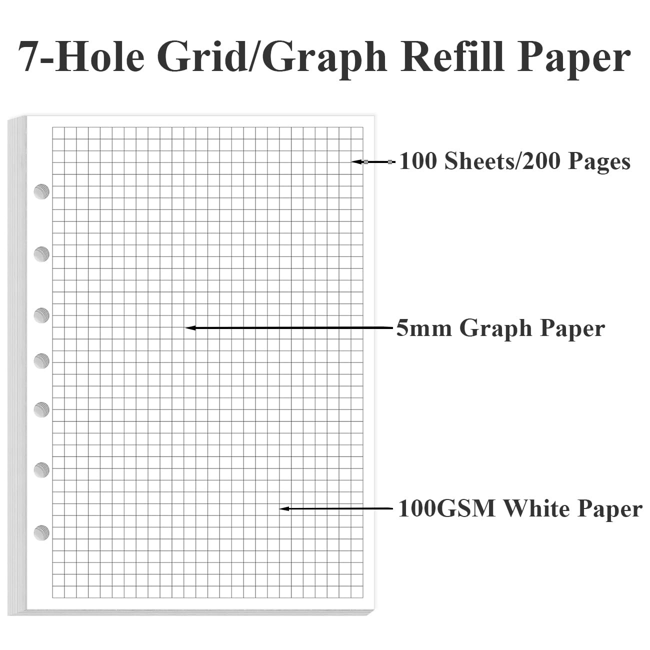 A5 Grid Refill Paper 7Hole Graph 100Sheets/200Pages 100gsm 5.8×8.3 Inch