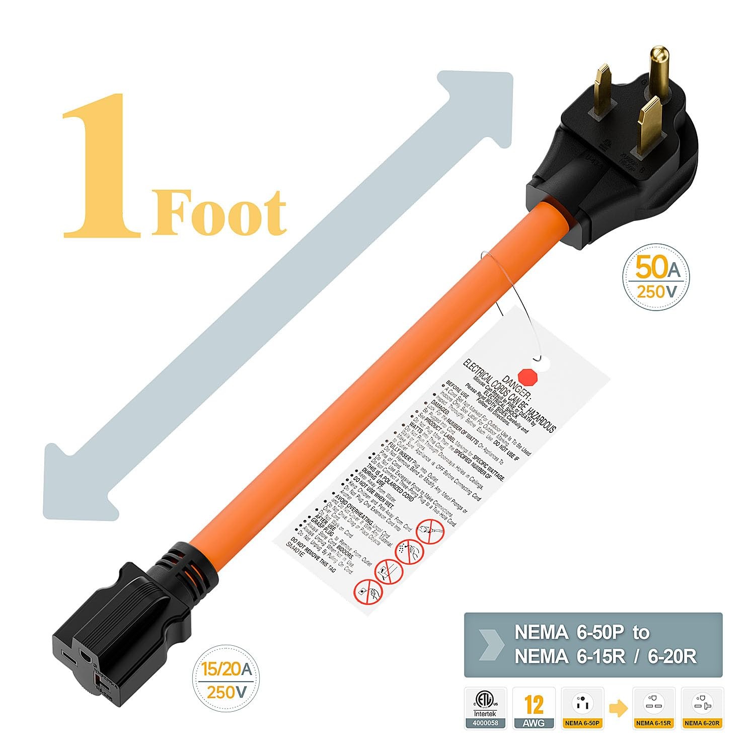 1.5FT Nema 6-50P to 6-15R/6-20R Welder Power Adapter Cord, 6-50P 50-Amp to 6-20R