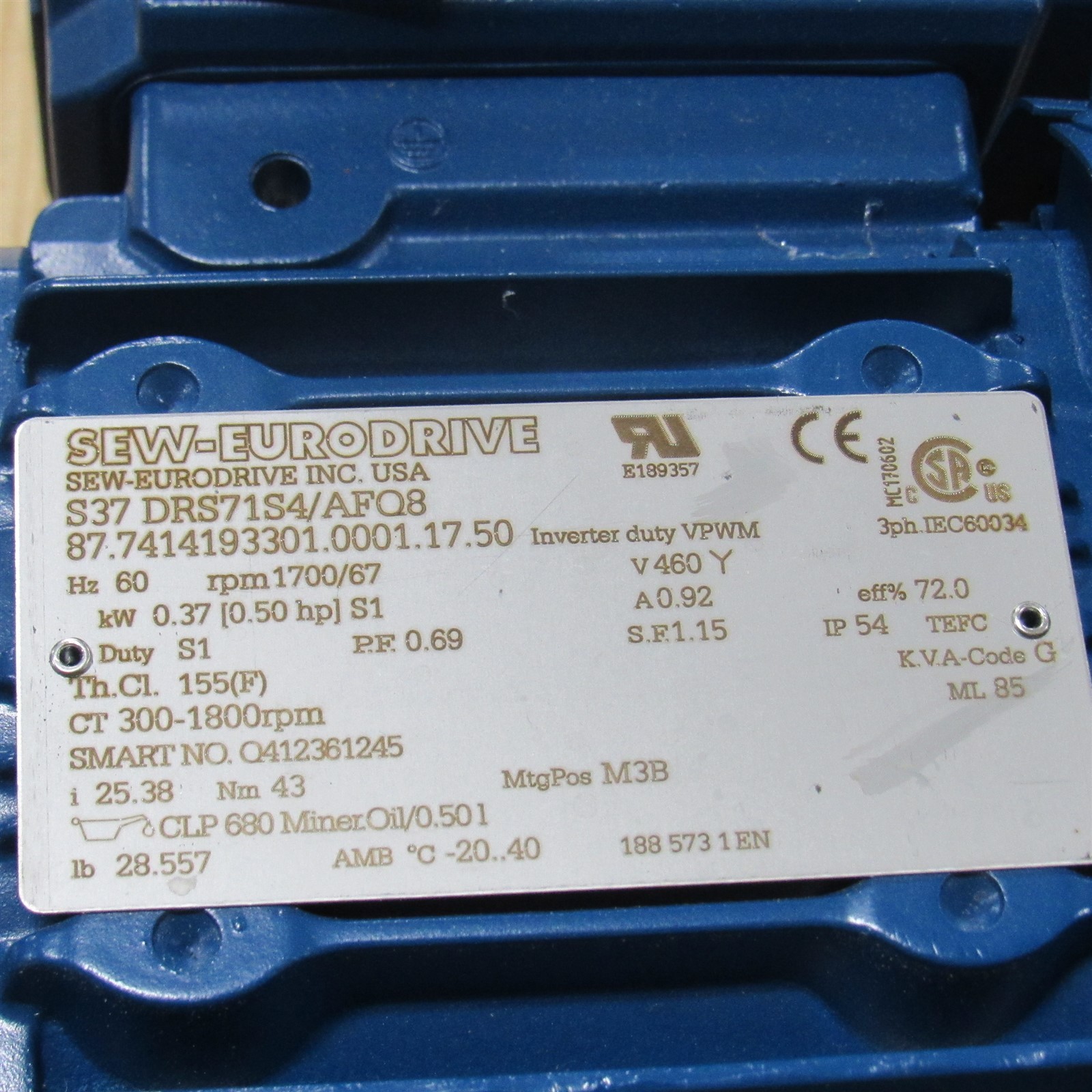 SEW-EURODRIVE INC GEAR MOTOR 1,800 RPM S37DRS71S4/AFQ8