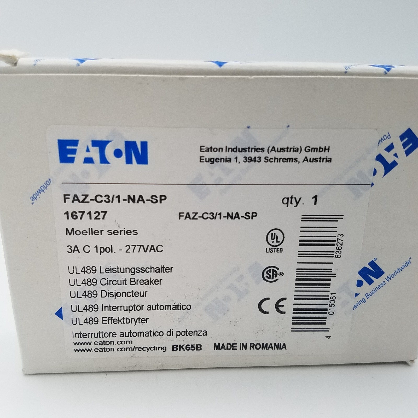 Eaton 1 POLE 3A Mounted Circuit Breaker FAZ-C3/1-NA-SP Moeller
