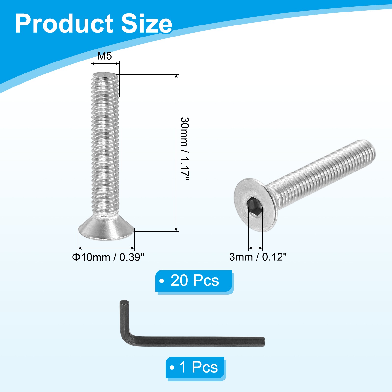 M5 x 30 mm Flat Head Socket Cap Screws, 20 Pcs Hex Socket Countersunk Flat