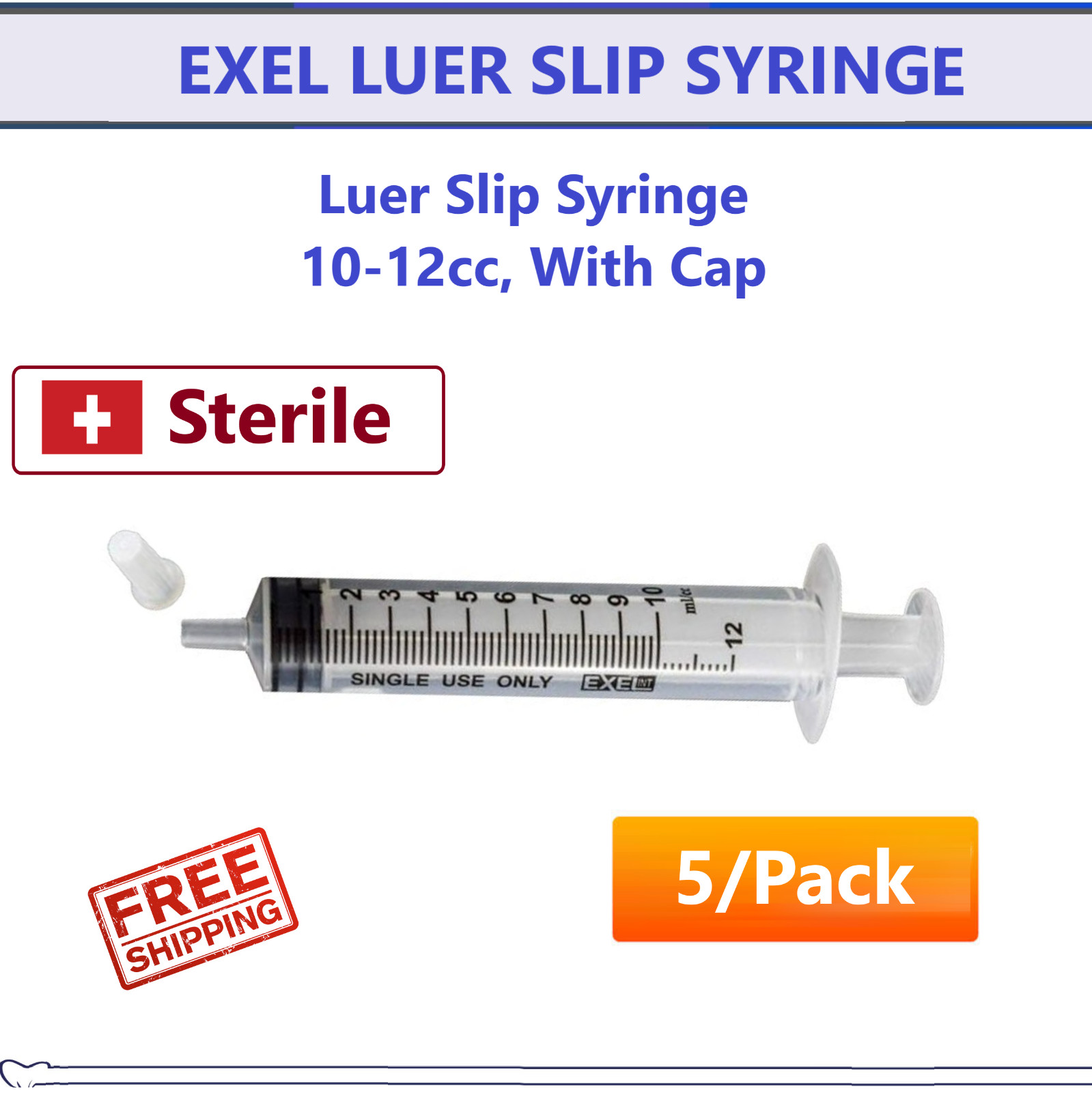 5 Pack- 10ml -10 cc (10-12) Plastic Syringewith Cap, Luer Slip, Large Syringes