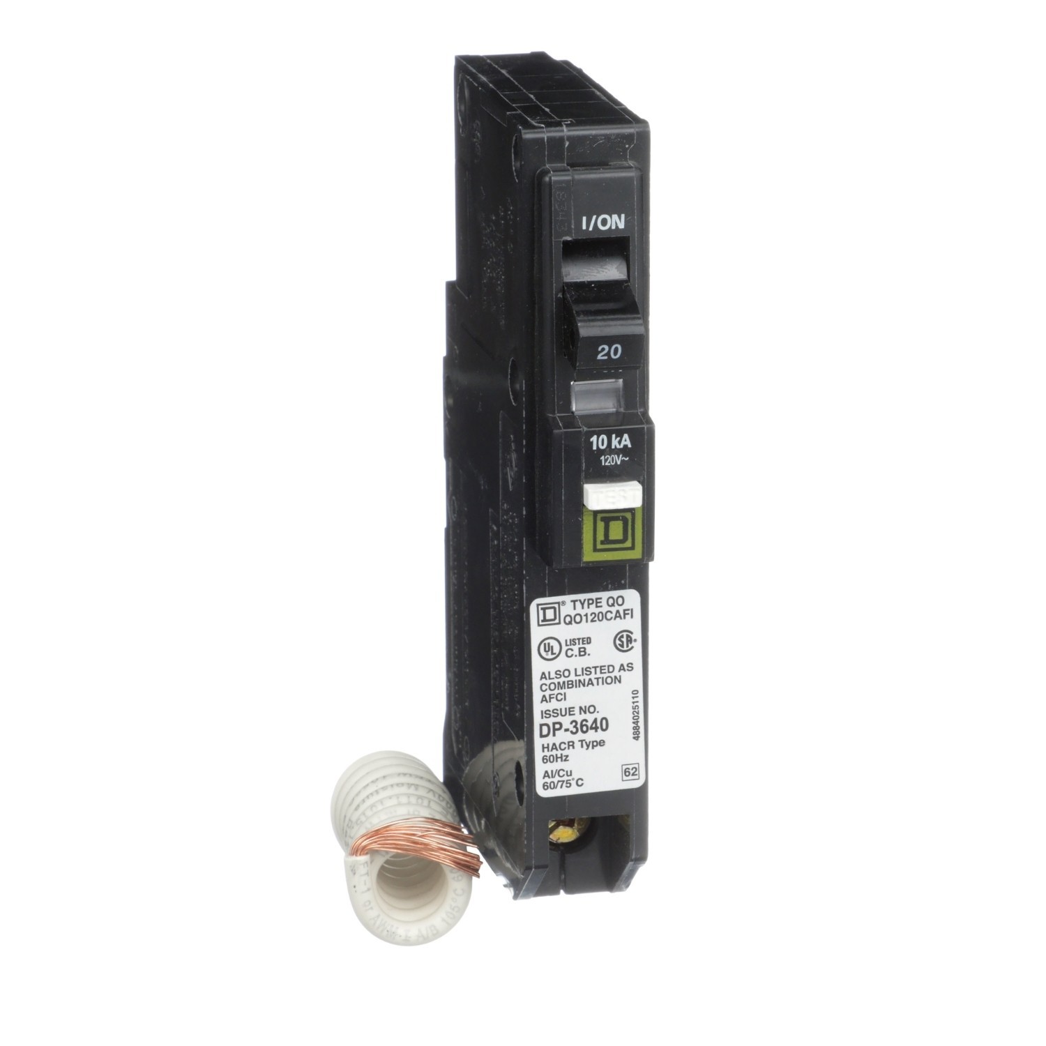Square D QO120CAFIC Circuit Breaker 20A, 1 Pole, Pigtail (CAFI)