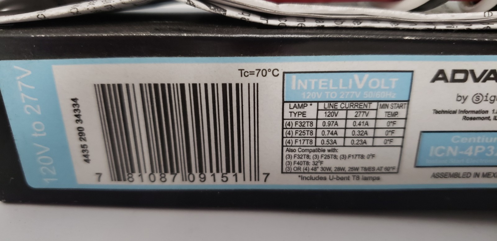 PHILIPS ADVANCE ICN-4P32-N FLUORESCENT BALLAST, 120V TO 277V, NNB