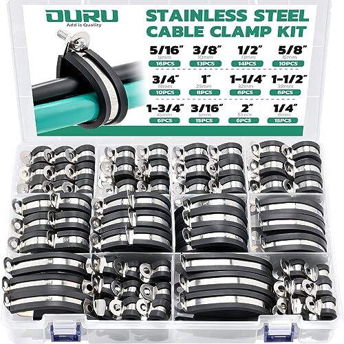 125PCS Cable Clamp,12 Sizes Stainless Steel Rubber Coated Cushioned Insulated…