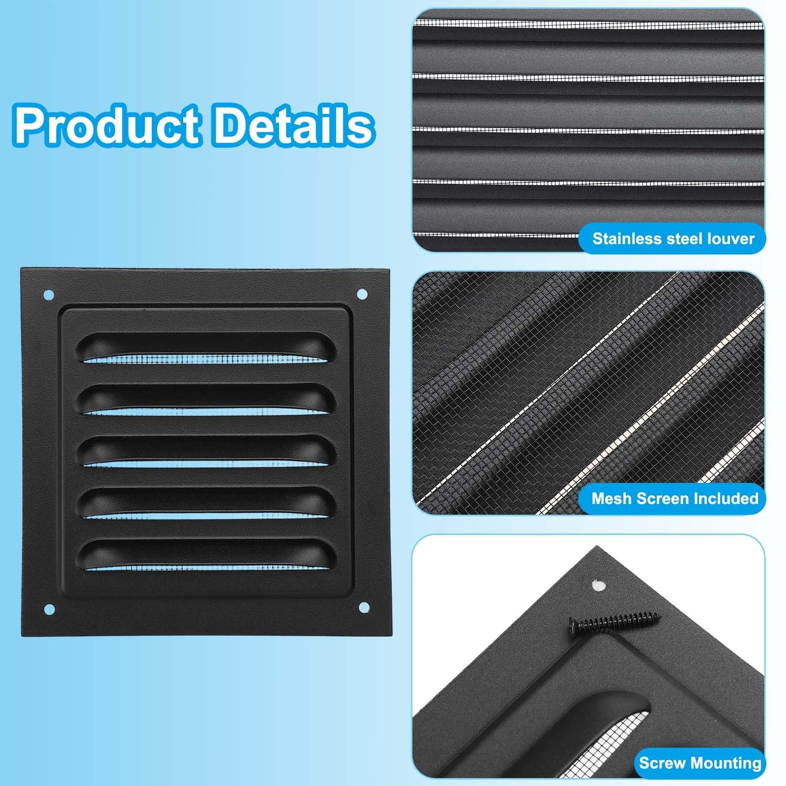 4″x4″ Aluminum Gable Vent, Exterior Wall Outlet Vent Square Soffit Vent, Black