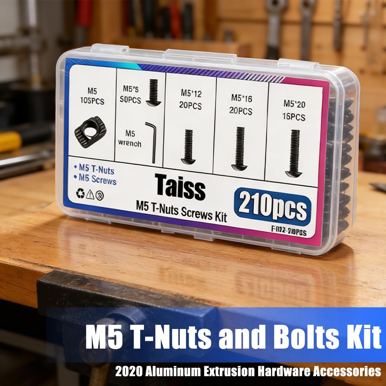 Taiss 210PCS M5 T-Nuts and Bolts Kit for 2020 Aluminum Extrusion Hardware,Hammer
