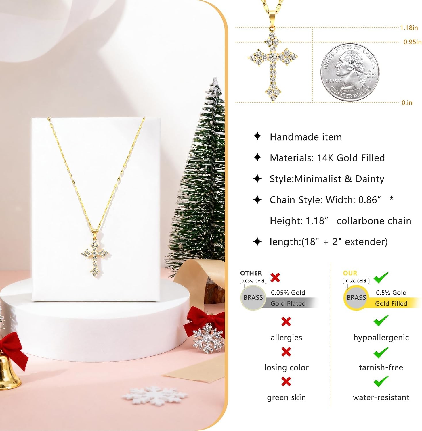 Dainty Cross Necklace Women’s 18K Gold Plated CZ Pendant Christian Faith Jewelry