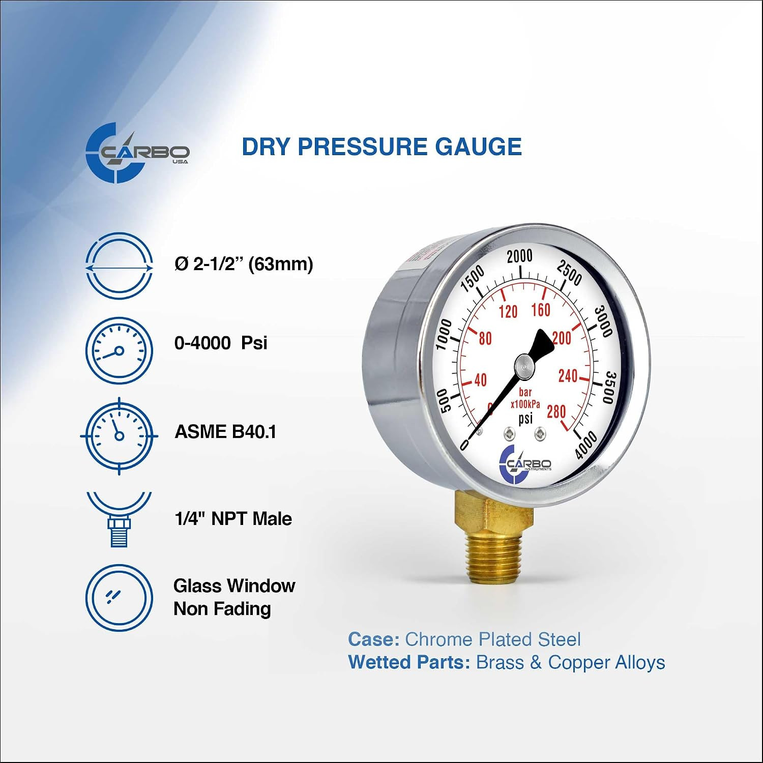 2-1/2″ Pressure Gauge, Chrome Plated Steel Case, Dry, 0-4000 Psi/Kpa, Lower