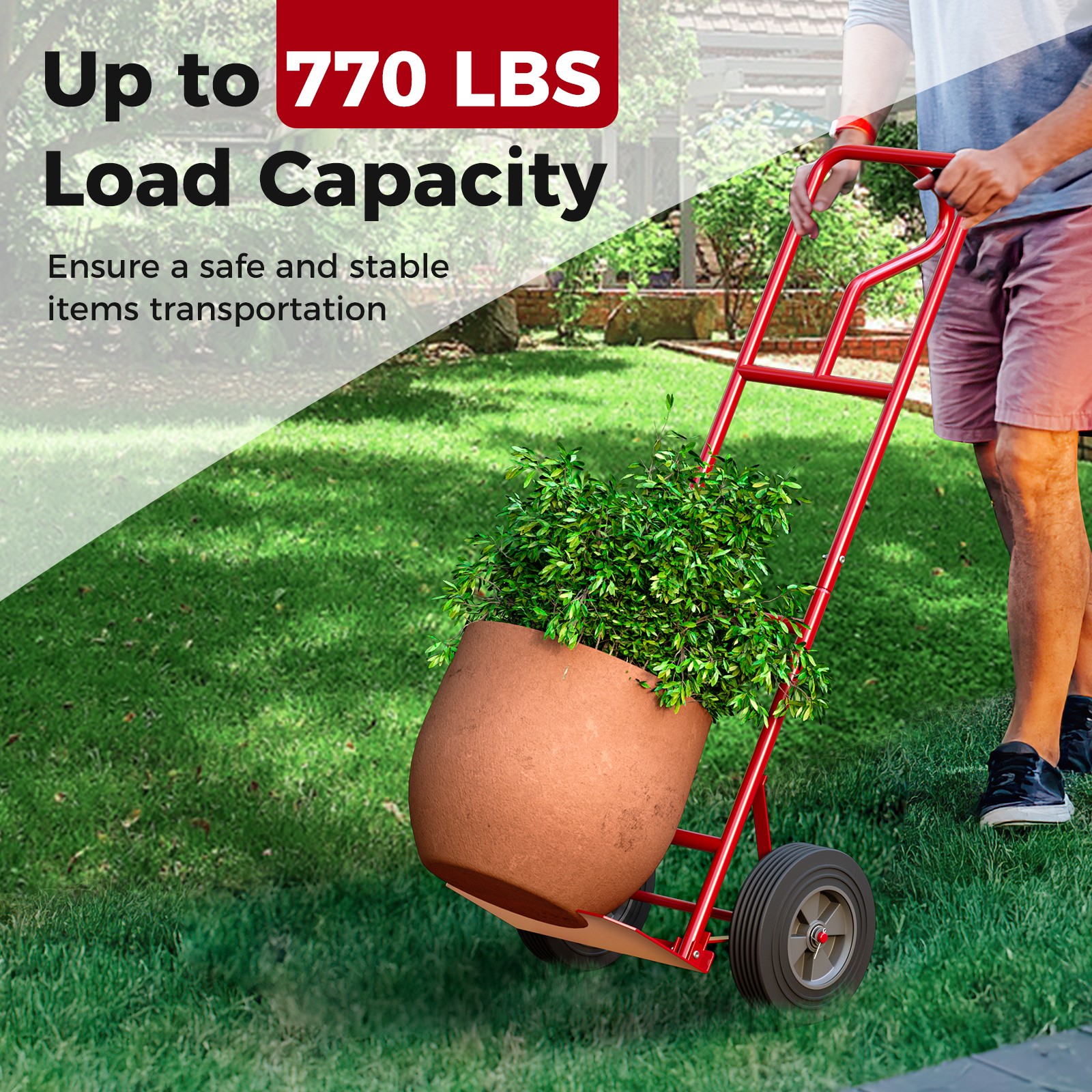 Heavy-Duty Hand Truck with P-Shaped Handle for Home Warehouse Garage Red