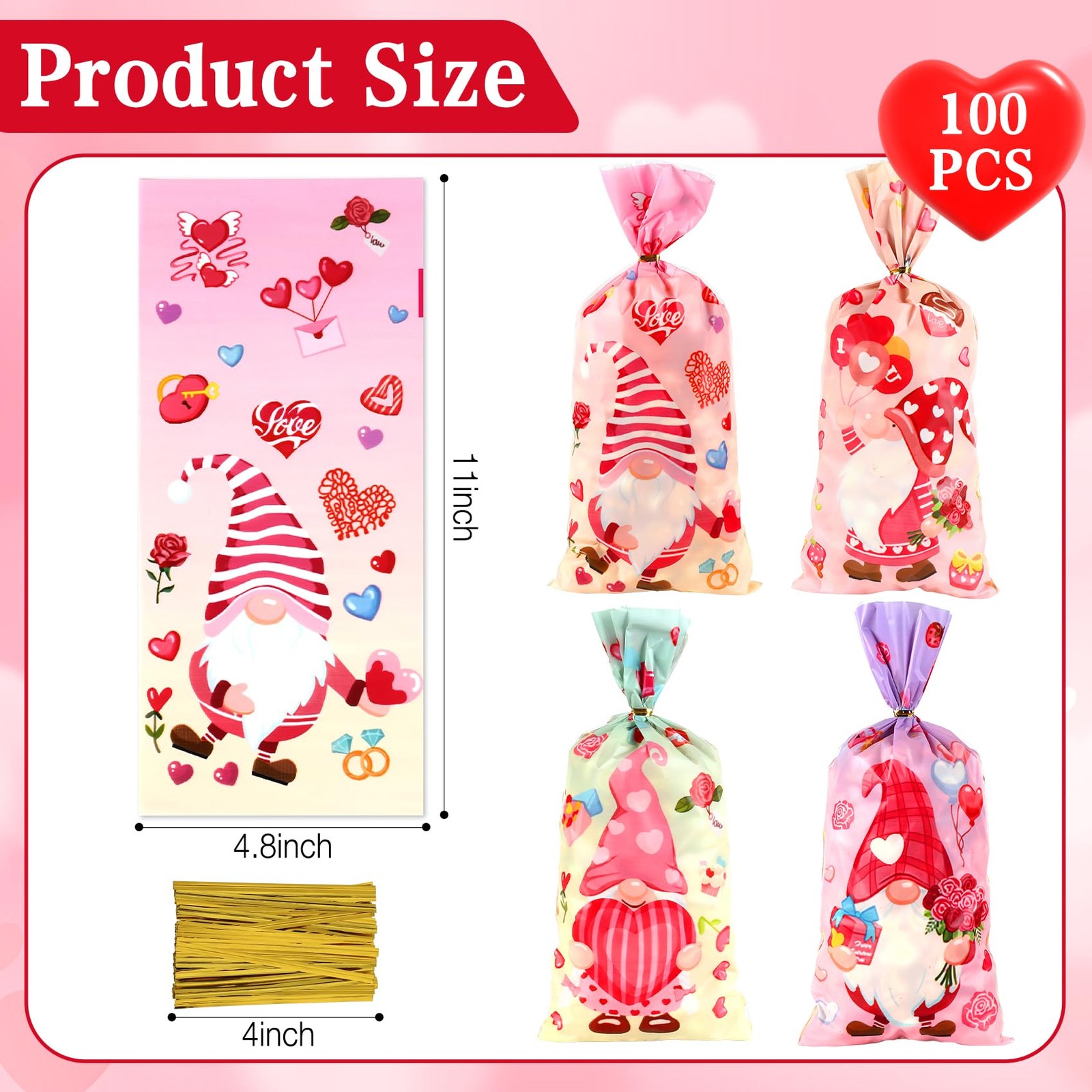 Valentines Treat Bags, 100 PCS Valentine 1 Count (Pack of 100) colorful
