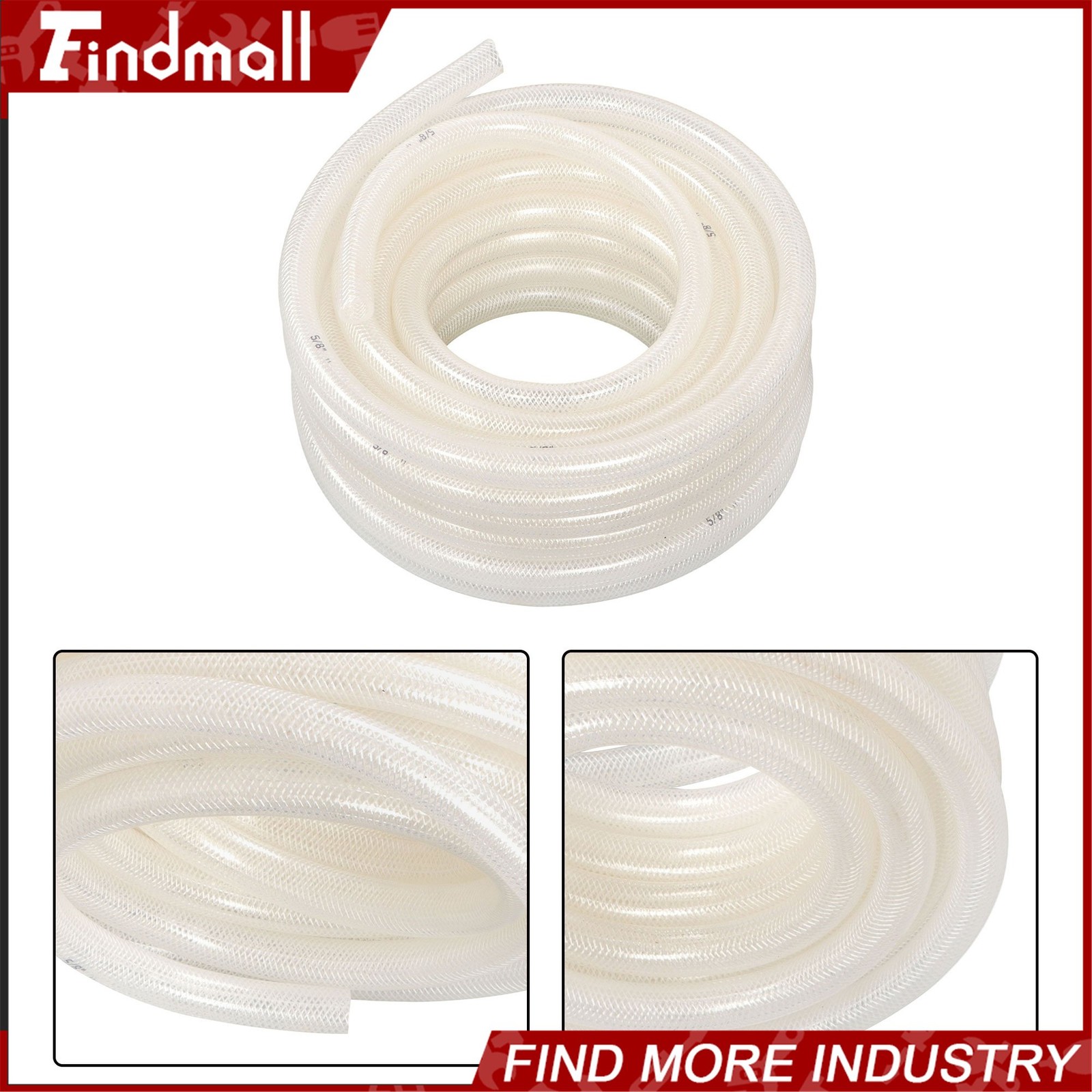 Findmall 50ft 5/8’’ ID × 7/8’’ OD Clear Braided PVC Hose High Pressure