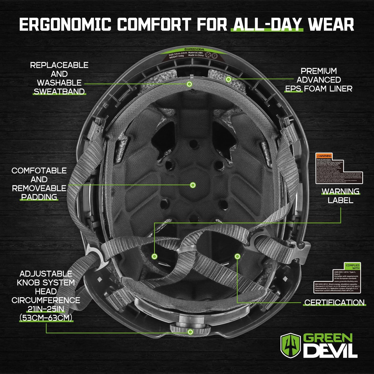 Type 2 Hard Hat Vented Construction Safety Helmet Green Devil with Chin Strap