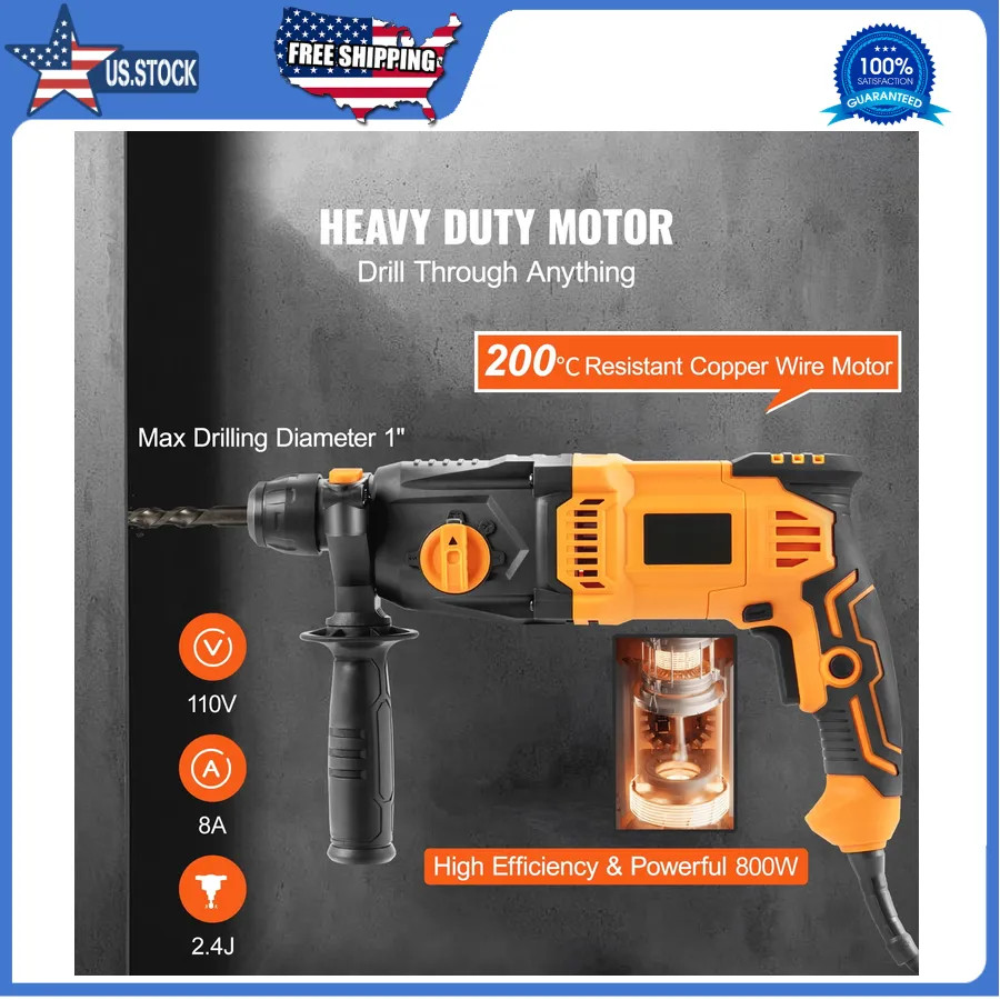 1 Inch SDS Plus Rotary Hammer Drill 8 Amp Corded Concrete Masonry Power Tool